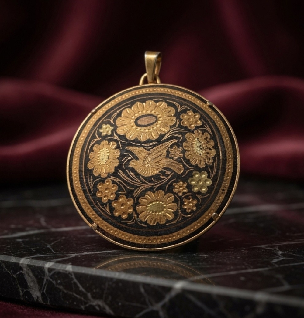 Vintage Spanish Toledo Damascene Gold Black Round Pendant Bird Floral 1.5" EXC